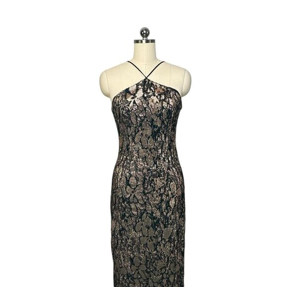 Theia Navy Rose Gold Floral Metallic Halter Sheath Cocktail Dress | 6 - Picture 3 of 13